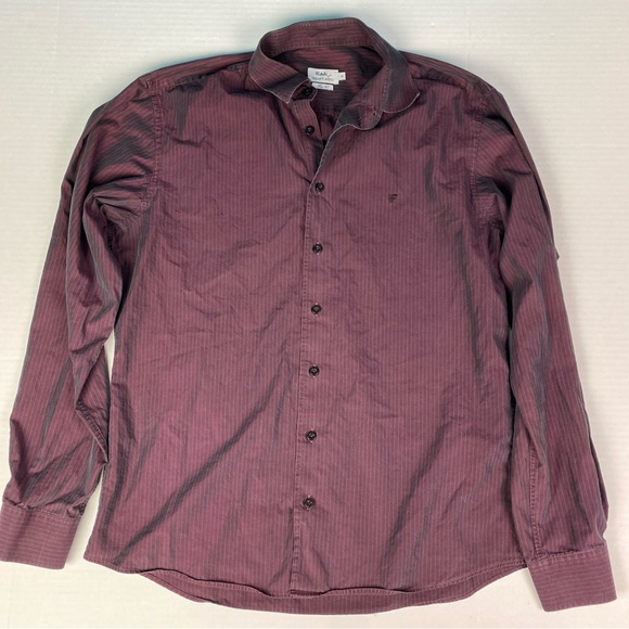 Fideli Sport Men Large Button Up Shirt Fio 70 Slim Maroon Pinstripe Long Sleeve - Picture 1 of 6